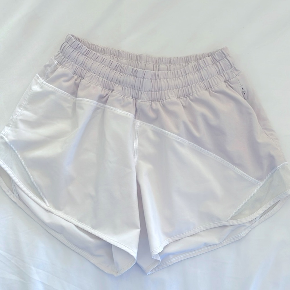 Lululemon Hotty Hot shorts, pale pink/white asymmetrical